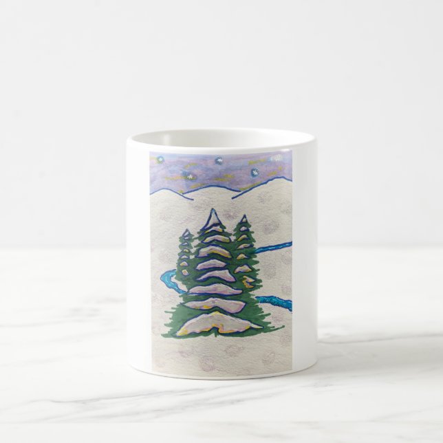 Caneca De Café Rio da cena da neve, Evergreens, montanhas, (Centro)