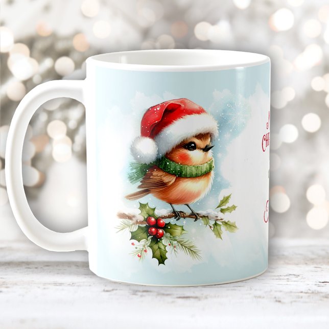 Caneca De Café Robin Bonito no Papai Noel, nome personalizado Nat (Cute Robin In Santa Hat Custom Name Christmas Coffee Mug)