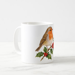 Caneca De Café Robin num Ramo de Azevinho