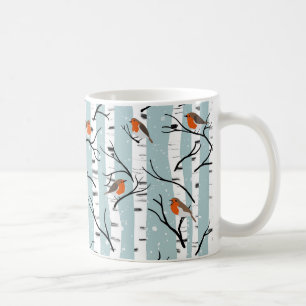 Caneca De Café Robins europeus sobre o passarinho prateado na nev