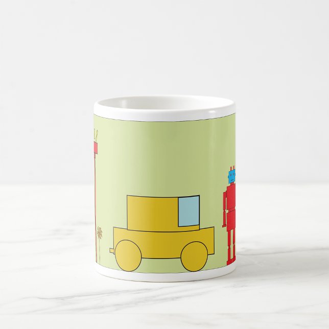 Caneca De Café Robô Geométrico Retro e Carro Amarelo (Criador carregado)
