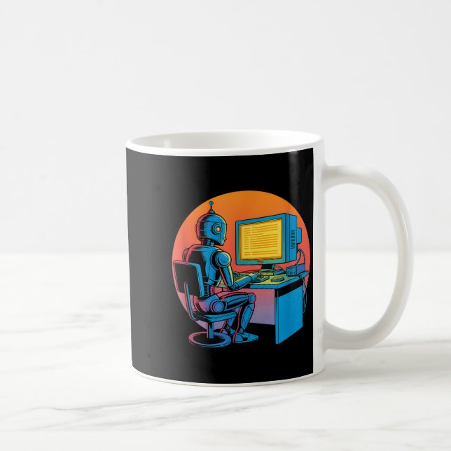 Caneca De Café Robô retrô engraçado codificando tela de computado (Direita)