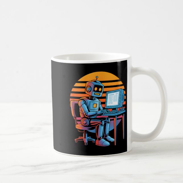 Caneca De Café Robô retrô engraçado codificando tela de computado (Direita)