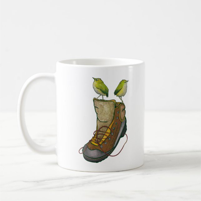 Caneca De Café Rock Wren Tuke em uma bota de caminhada (Esquerda)