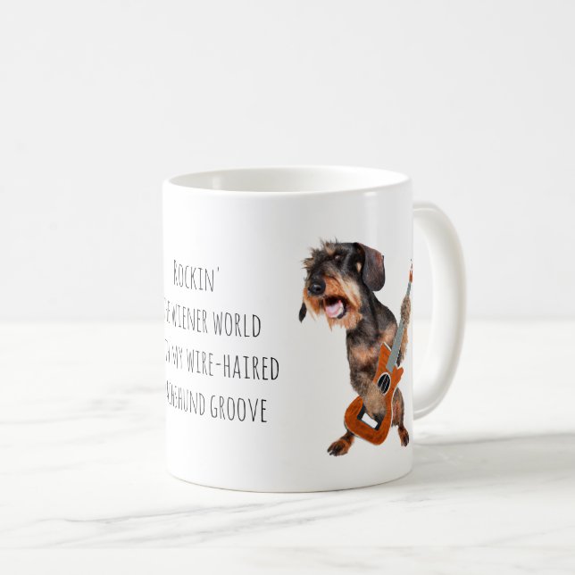 Caneca De Café Rockin' the Wiener World - Dachshund cabeludo (Frente Esquerda)