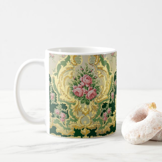 Caneca De Café Rococo Rosa Rosas Floral Medalhão Dourado (Com Donut)
