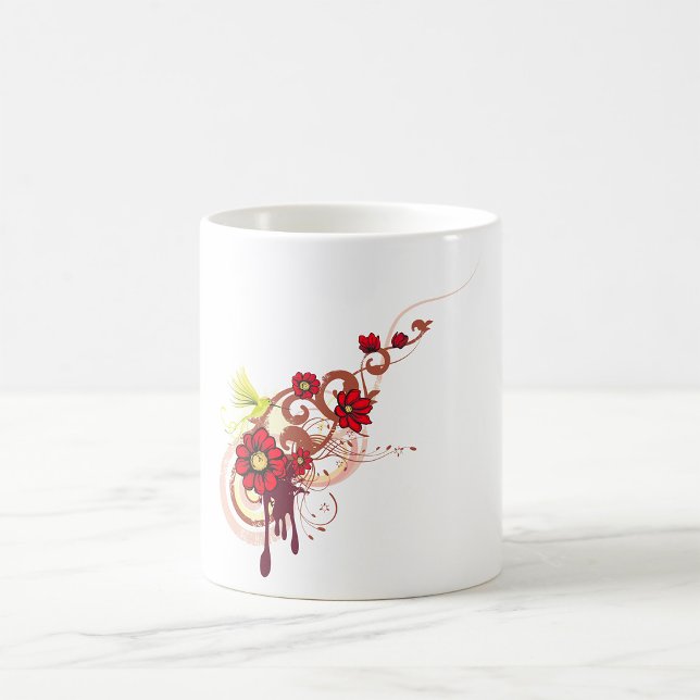 Caneca De Café Rodovalho Floral com Flores Vermelhas e Hummingbir (Criador carregado)