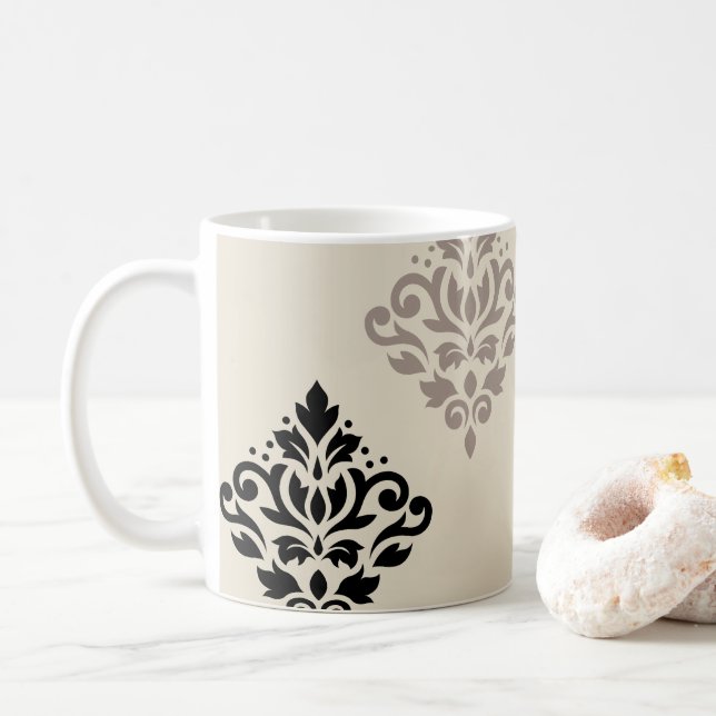 Caneca De Café Rolar Damask Art I Black Taupe Cream (Com Donut)