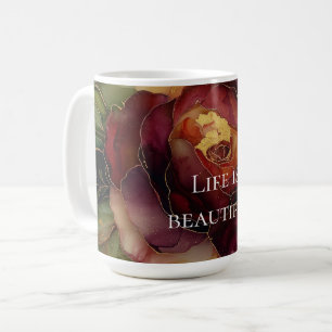 Caneca De Café Românico Red Burgundy Rosa Dourado Floral