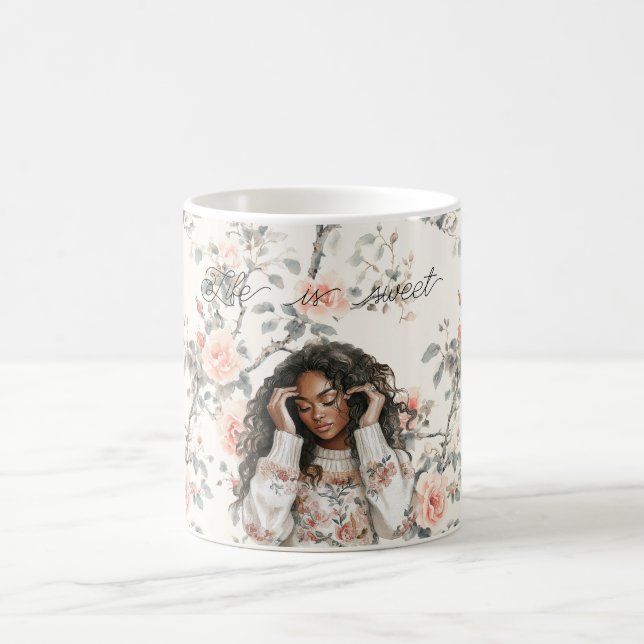 Caneca De Café Romantic Black Lady Peach Roses Floral (Centro)