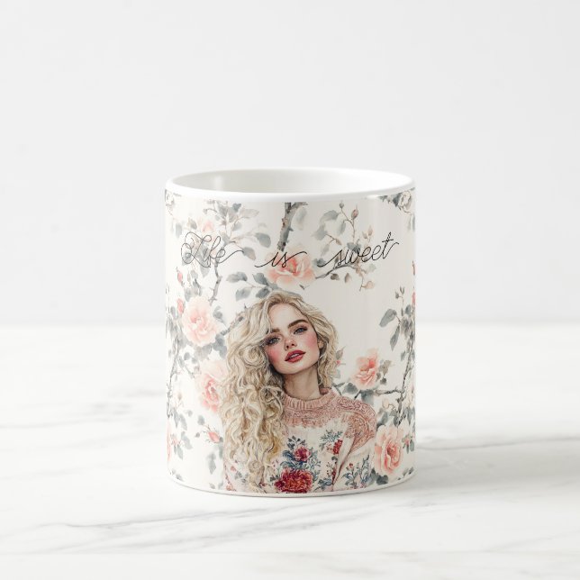 Caneca De Café Romantic Blond Hair Girl Peach Roses Floral (Centro)