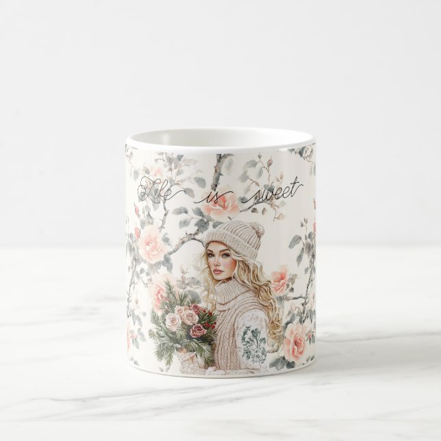 Caneca De Café Romantic Blond Hair Lady Peach Roses Floral (Centro)