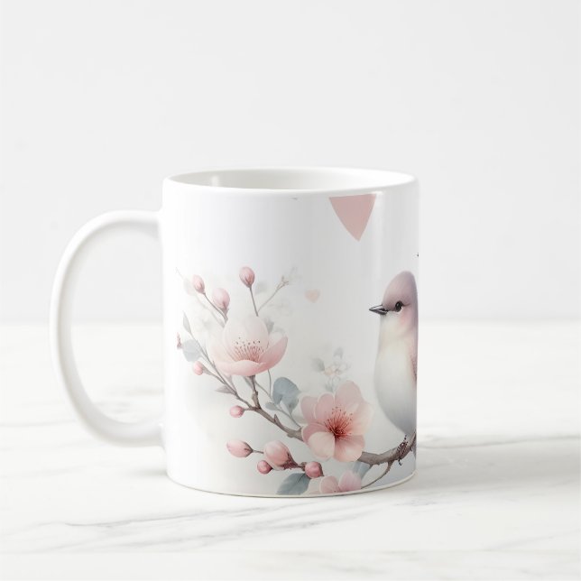 Caneca De Café Romantic Love Birds Cherry Blossom Branch (Esquerda)