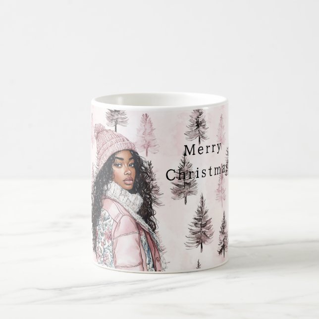 Caneca De Café Romantic Pink Christmas Trees Black Girl (Centro)