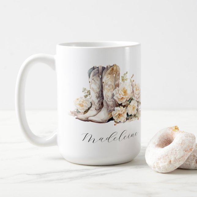 Caneca De Café Romântica Floral Cowgirl Boots Peonies (Com Donut)