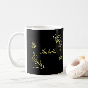 Caneca De Café Romântico elegante floral dourado preto