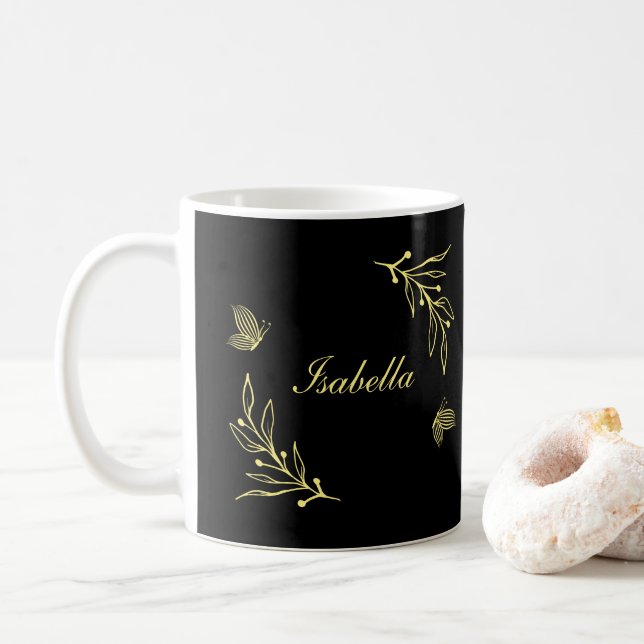 Caneca De Café Romântico elegante floral dourado preto (Com Donut)