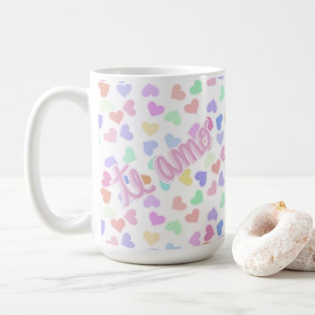 Caneca De Café Romântico - O Amo Pastel Heart Confetti (Com Donut)