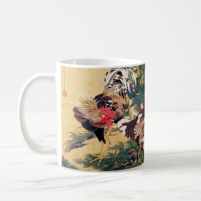 Caneca De Café Rooster e Hen com Hydrangeas por Ito Jakuchu (Esquerda)