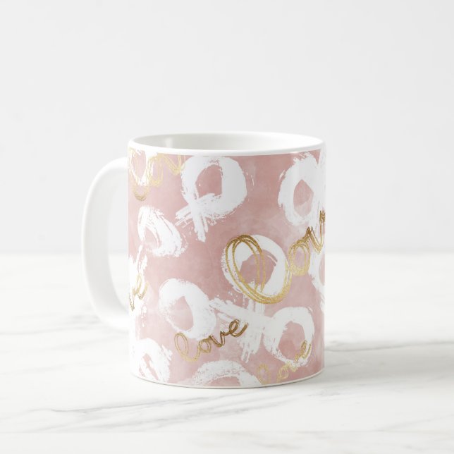 Caneca De Café Rosa Bege Dourado Branco XOXO Amor (Frente Esquerda)