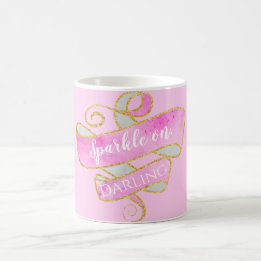 Caneca De Café Rosa Bege Feminino Brilho Dourado Brilhe, Querida