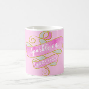 Caneca De Café Rosa Bege Feminino Brilho Dourado Brilhe, Querida