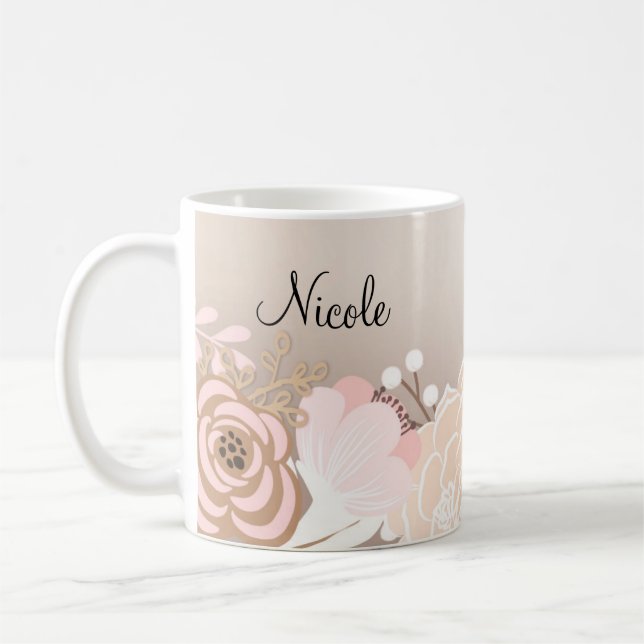 Caneca De Café Rosa Bege Glam Rústico Floral Flores Personalizado (Esquerda)