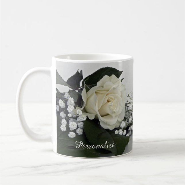 Caneca De Café Rosa Branca Romântica e Elegante Personalizada (Esquerda)