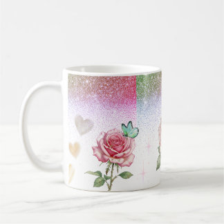 Caneca de Café Rosa Brilhante e Borboleta