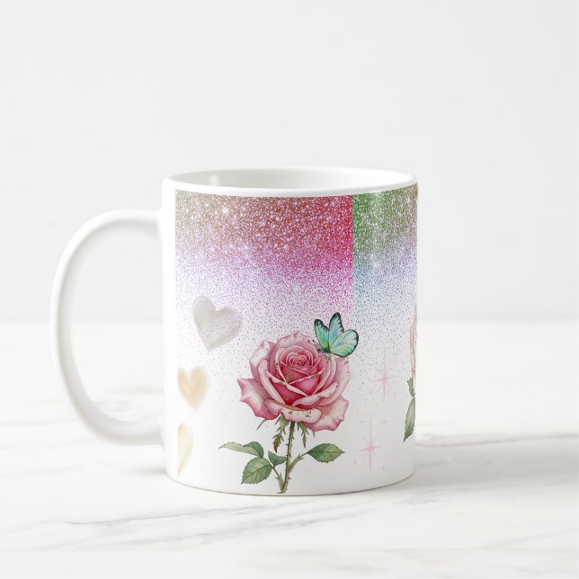 Caneca de Café Rosa Brilhante e Borboleta (Esquerda)