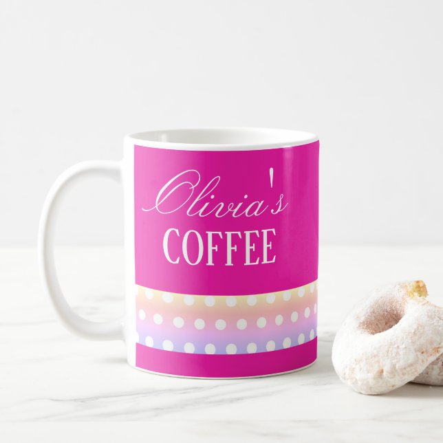 Caneca De Café Rosa Brilhante e Pontinhos (Com Donut)