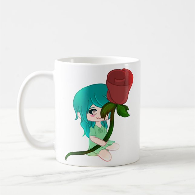Caneca De Café Rosa Chibi Com Um Rosa (Esquerda)