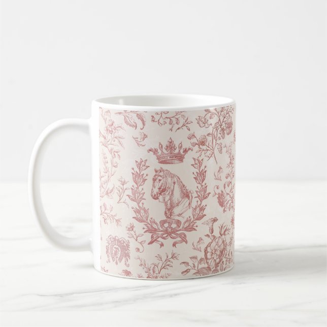 Caneca De Café Rosa Chic Beige Equestrian Toile Clássico Elegante (Esquerda)