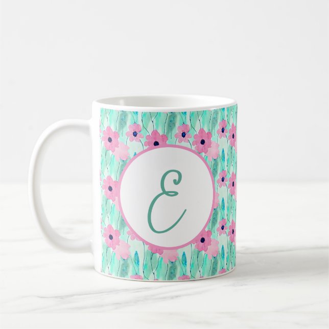 Caneca De Café Rosa claro e monograma floral com aquarela verde (Esquerda)