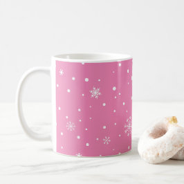 Caneca De Café Rosa com pontos brancos e flocos de neve
