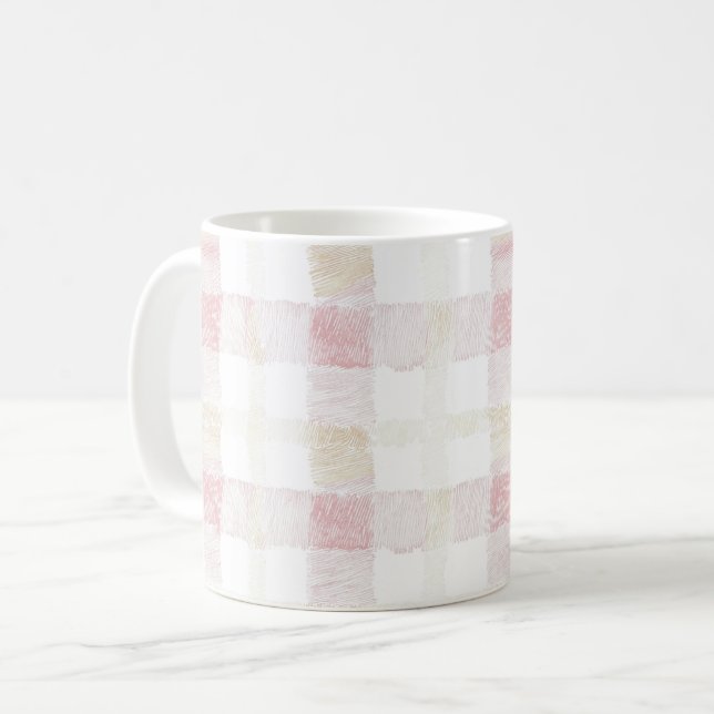 Caneca De Café Rosa Corado Branco Creme Xadrez Listras (Frente Esquerda)