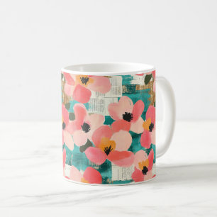 Caneca De Café Rosa Coral Floral Turquesa Vintage