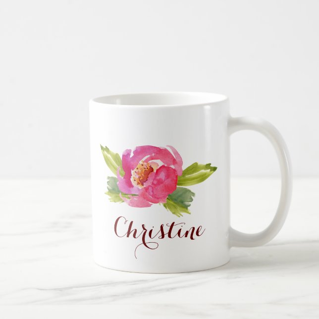 Caneca De Café Rosa de Aquarela com Nome Personalizado (Direita)