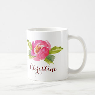 Caneca De Café Rosa de Aquarela com Nome Personalizado