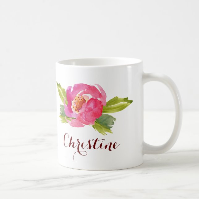 Caneca De Café Rosa de Aquarela com Nome Personalizado (Direita)