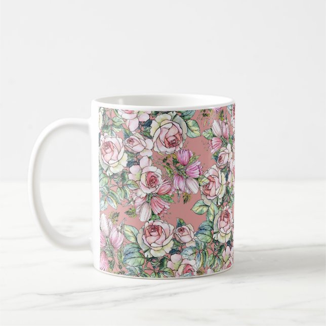 Caneca De Café Rosa de flores de jardim com tulipas pintadas em á (Esquerda)