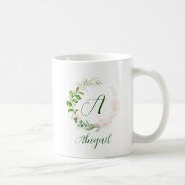 Caneca De Café Rosa de monograma Dourada e faixa geométrica verde
