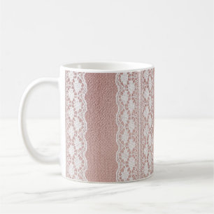 Caneca De Café Rosa de ouro metálico, textura de renda esbranquiç