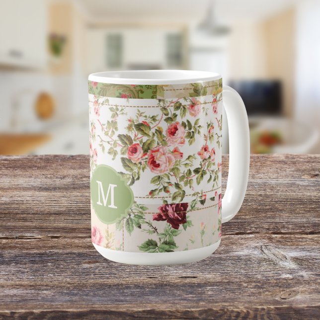 Caneca De Café Rosa de Patchwork Monograma Tea Personalizada (Criador carregado)