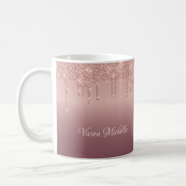 Caneca De Café Rosa Dourado Brilhante com Glitter Caindo (Esquerda)