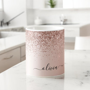Caneca De Café Rosa Dourado - Brilho Rosa Bege Monograma Nome em