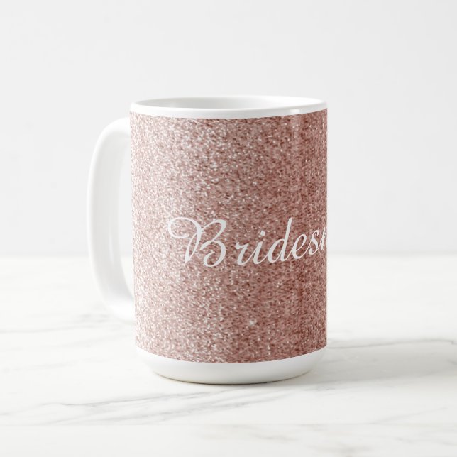 Caneca De Café Rosa Dourado Faux Glitter Com Nome Bridesmaid (Frente Esquerda)
