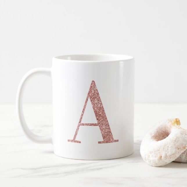 Caneca De Café Rosa Dourado Faux Glitter Monograma A (Com Donut)