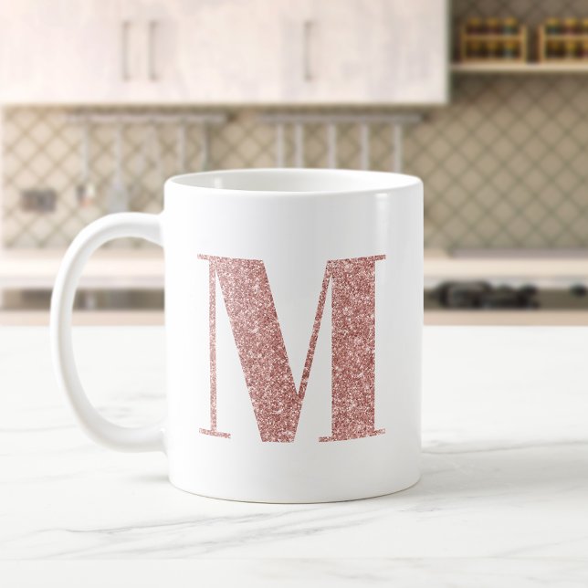 Caneca De Café Rosa Dourado Faux Glitter Monograma M (Letter M Monogram)