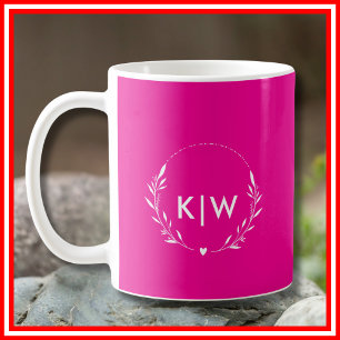 Caneca De Café Rosa e Branco Monograma de Iniciais Modernas